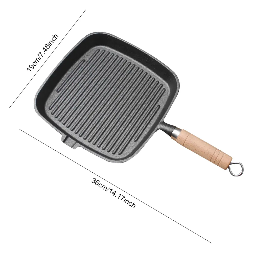 Cast Iron Skillet Steak Pan with Wooden Handle Uncoated Non-stick Cooking Pot Steak Skillet Camping Indoor and Outdoor Use