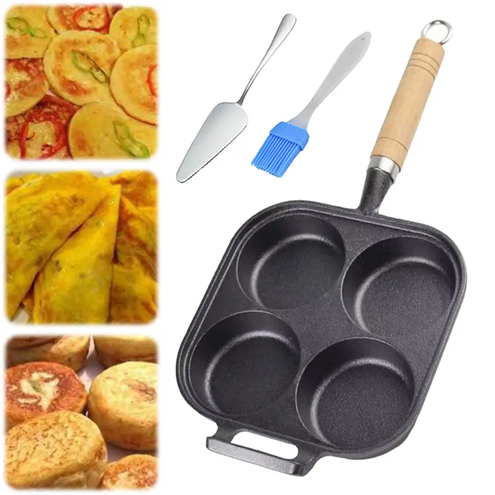 4-Cup Cast Iron Egg Frying Pan with Oil Brush Pancake Pan Omelet Pan Egg Cooker Suitable for Gas Stove & Induction Cookware