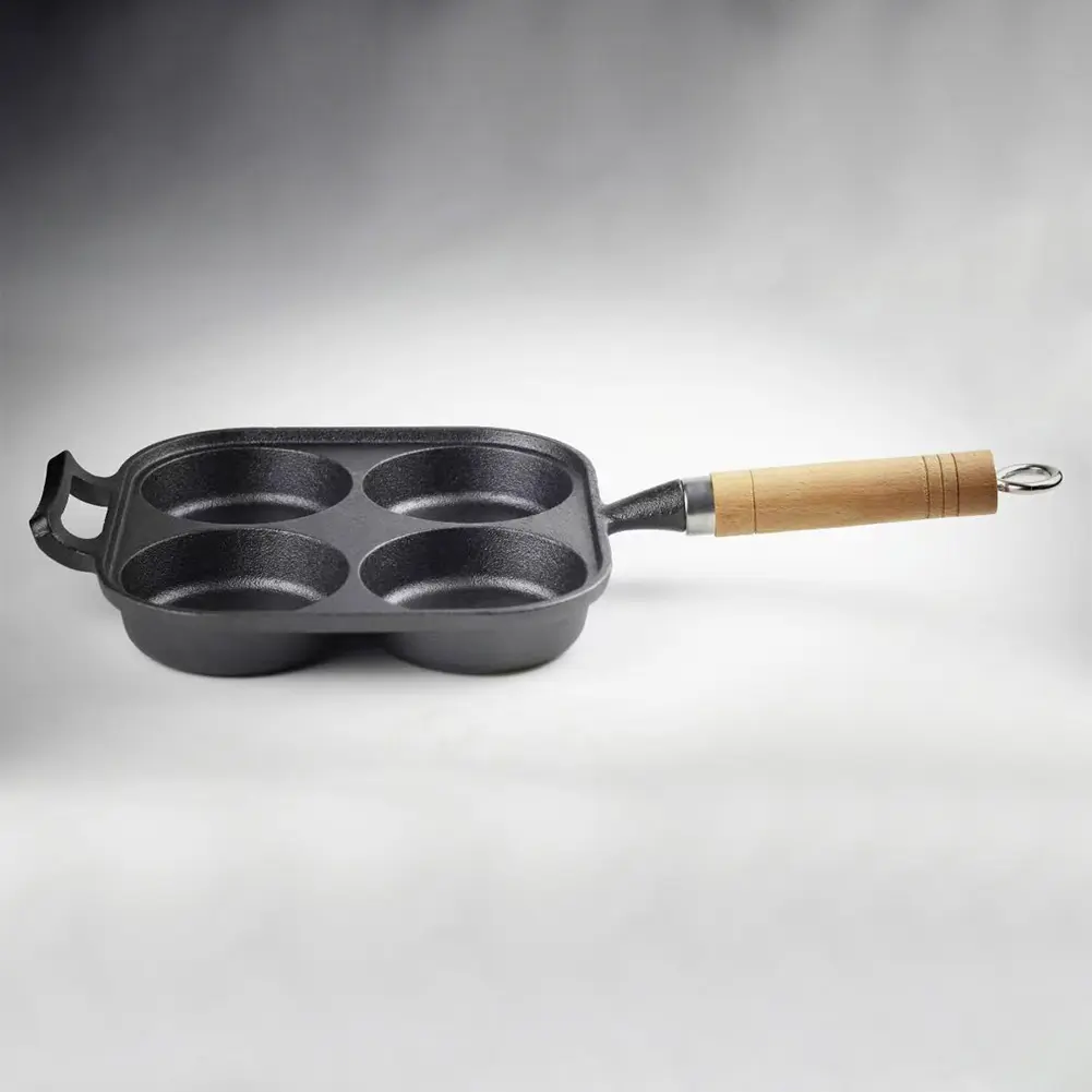 4-Cup Cast Iron Egg Frying Pan with Oil Brush Pancake Pan Omelet Pan Egg Cooker Suitable for Gas Stove & Induction Cookware