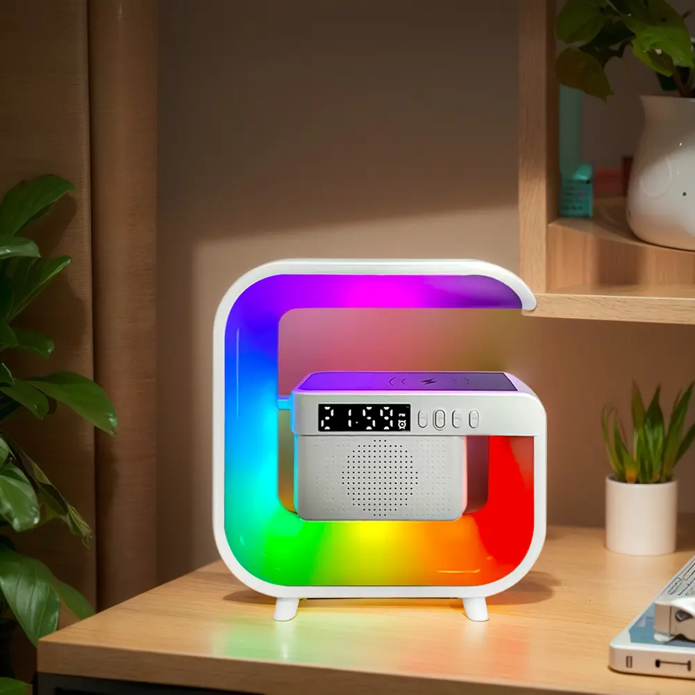 Alarm Clock with Wireless Charging Station Bluetooth-Compatible Speaker App Control Desk RGB Night Lamp for Indoor Bedroom