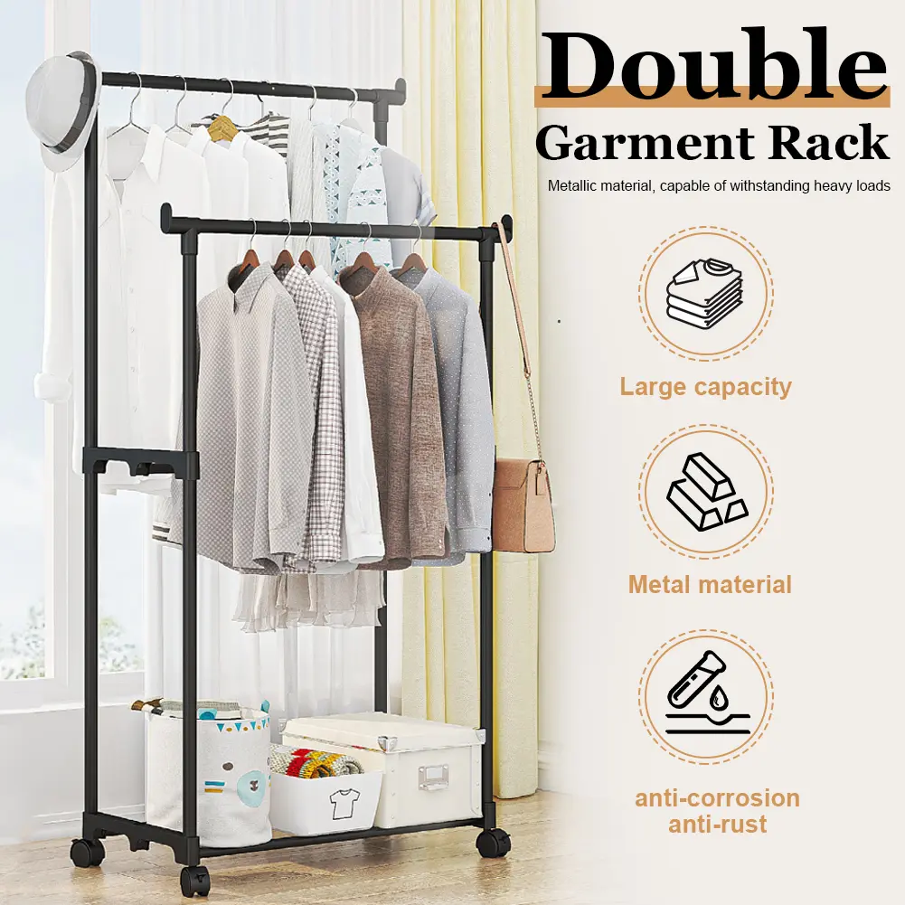 Double Rods Garment Rack with Wheels Portable Clothes Organizer Clothes Rack for Hanging Clothes Rack for Bedroom & Living Room