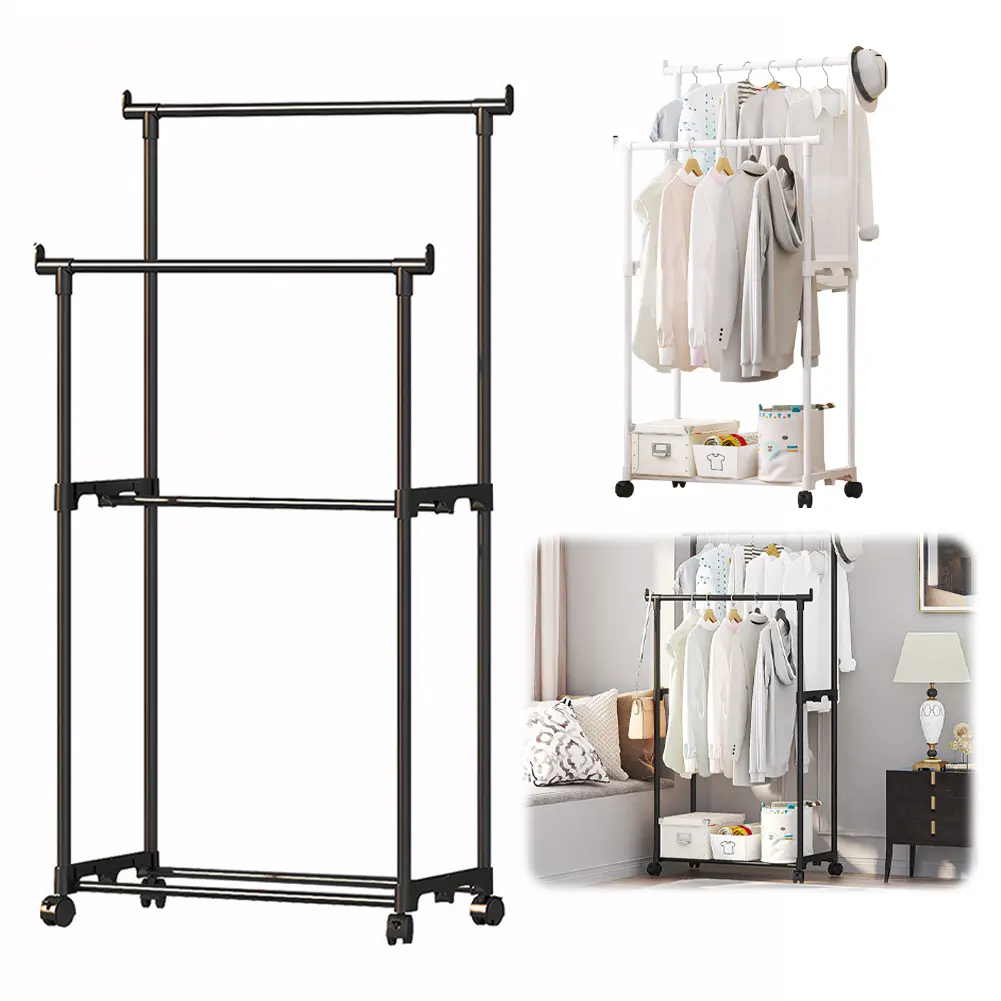 Double Rods Garment Rack with Wheels Portable Clothes Organizer Clothes Rack for Hanging Clothes Rack for Bedroom & Living Room