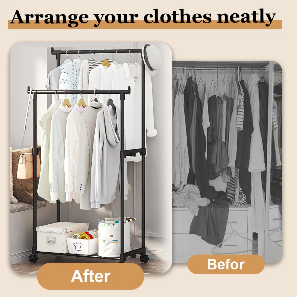 Double Rods Garment Rack with Wheels Portable Clothes Organizer Clothes Rack for Hanging Clothes Rack for Bedroom & Living Room