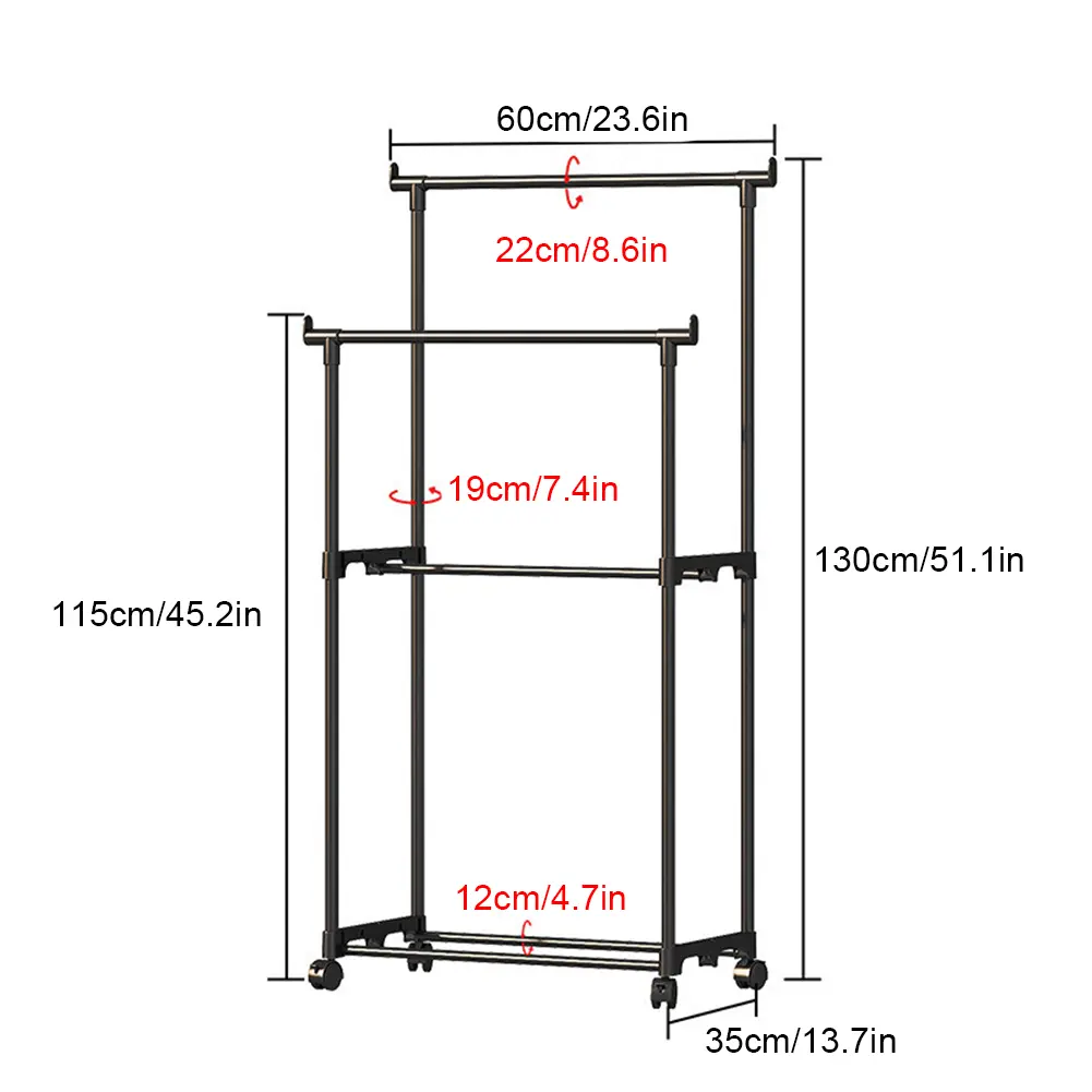 Double Rods Garment Rack with Wheels Portable Clothes Organizer Clothes Rack for Hanging Clothes Rack for Bedroom & Living Room