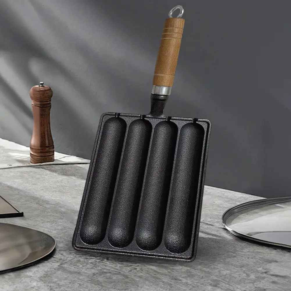 Cast Iron Pre-Seasoned Pot Non Stick Sausage Cooking Tool with Wooden Handle BBQ Supply Grilled Pot Hot Dog Baking Steaming Tool