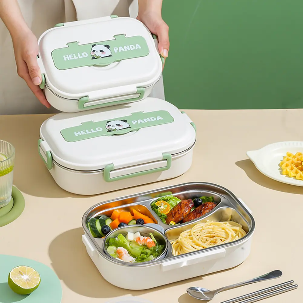 Stainless Steel Leakproof Lunch Box Microwave Safe 2/4/5 Grids with Cutlery Set Panda for Adults Kids for Children School Picnic