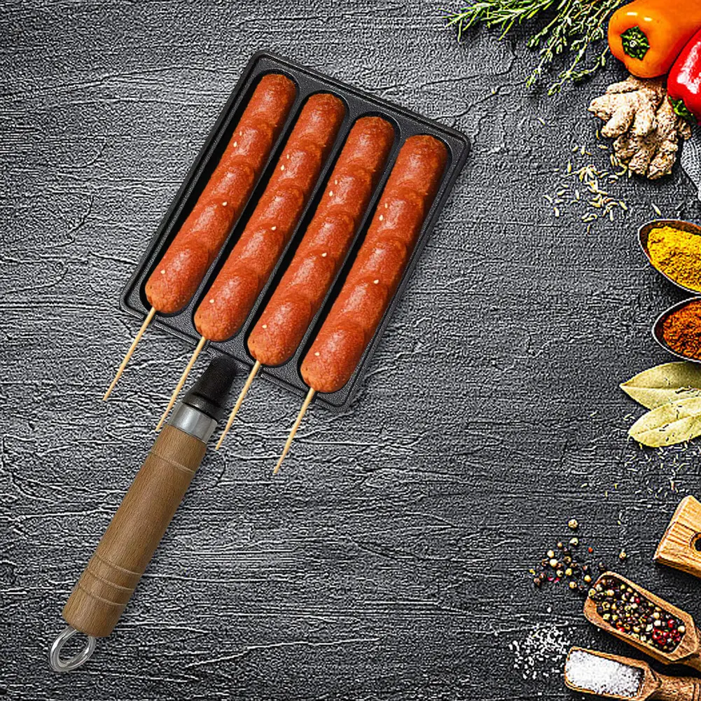 Cast Iron Pre-Seasoned Pot Non Stick Sausage Cooking Tool with Wooden Handle BBQ Supply Grilled Pot Hot Dog Baking Steaming Tool