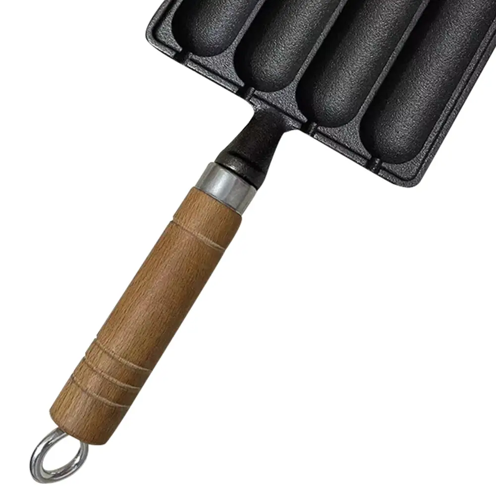 Cast Iron Pre-Seasoned Pot Non Stick Sausage Cooking Tool with Wooden Handle BBQ Supply Grilled Pot Hot Dog Baking Steaming Tool