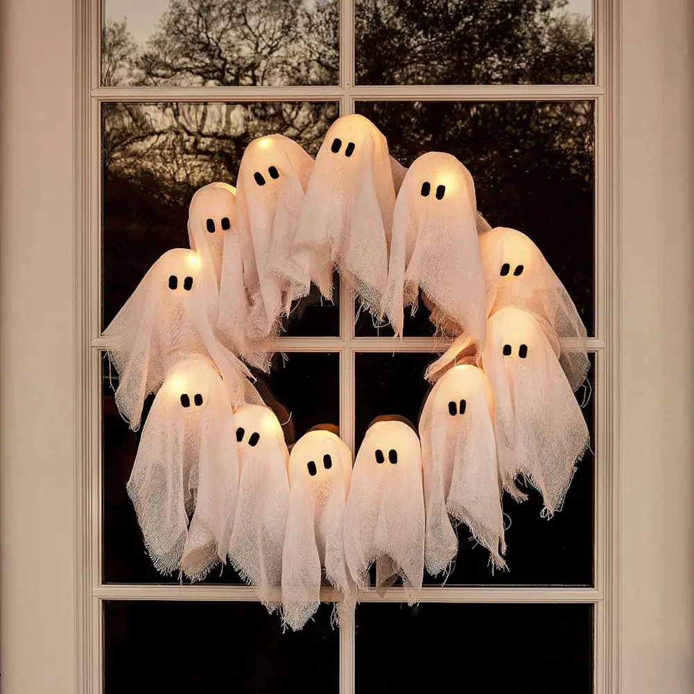 Glowing Halloween Ghost Wreath with 12LED Light-Up Halloween Spooky Light Weird Hanging Decor for Indoor Outdoor Front Door Wall