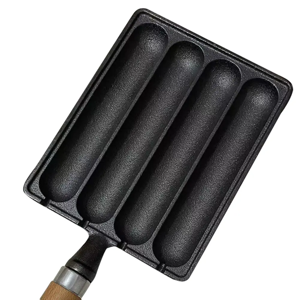 Cast Iron Pre-Seasoned Pot Non Stick Sausage Cooking Tool with Wooden Handle BBQ Supply Grilled Pot Hot Dog Baking Steaming Tool