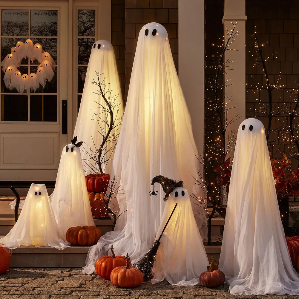 Glowing Halloween Ghost Wreath with 12LED Light-Up Halloween Spooky Light Weird Hanging Decor for Indoor Outdoor Front Door Wall