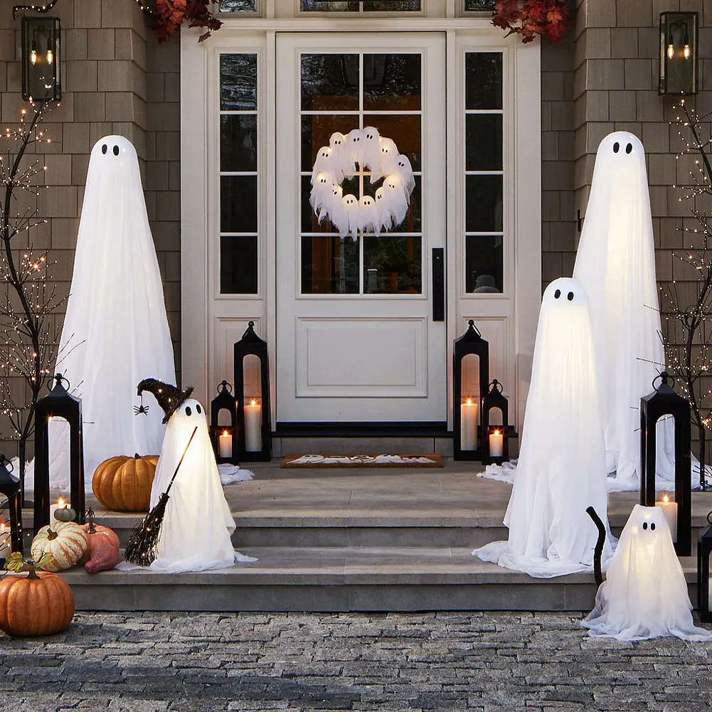 Glowing Halloween Ghost Wreath with 12LED Light-Up Halloween Spooky Light Weird Hanging Decor for Indoor Outdoor Front Door Wall