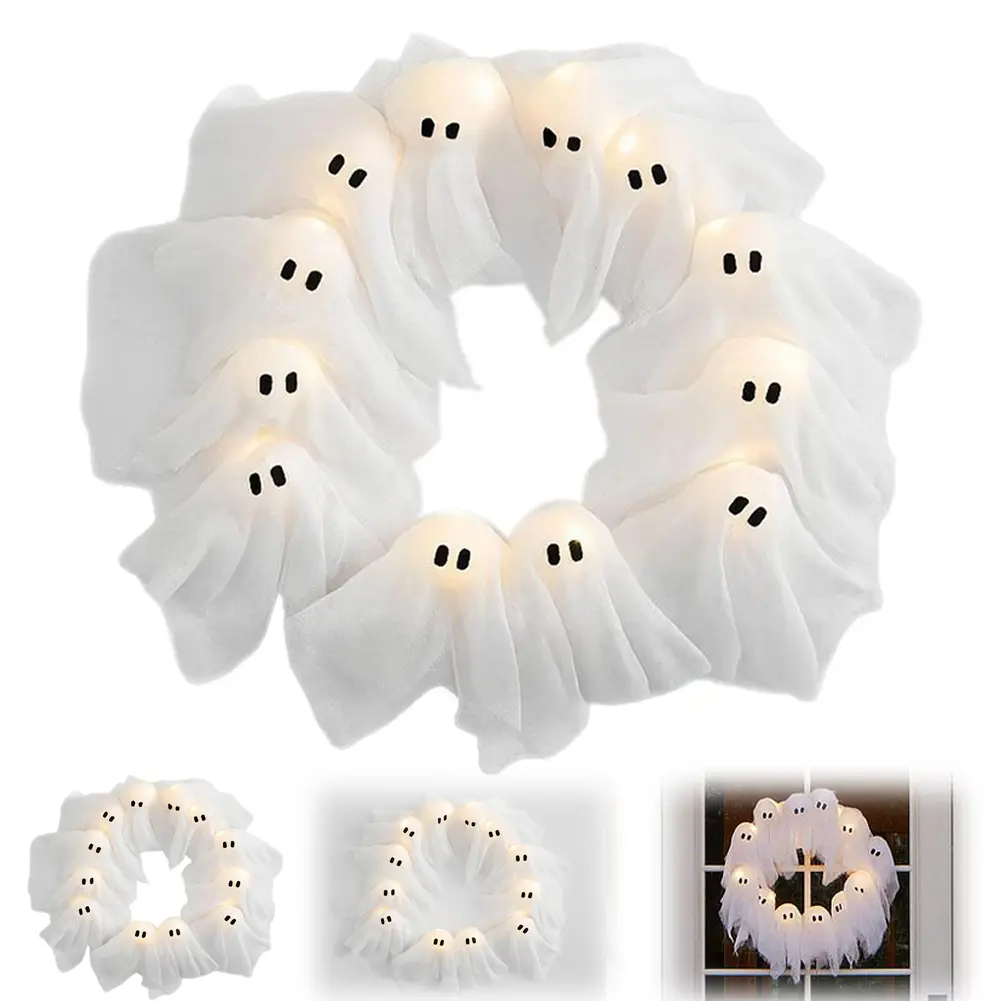 Glowing Halloween Ghost Wreath with 12LED Light-Up Halloween Spooky Light Weird Hanging Decor for Indoor Outdoor Front Door Wall