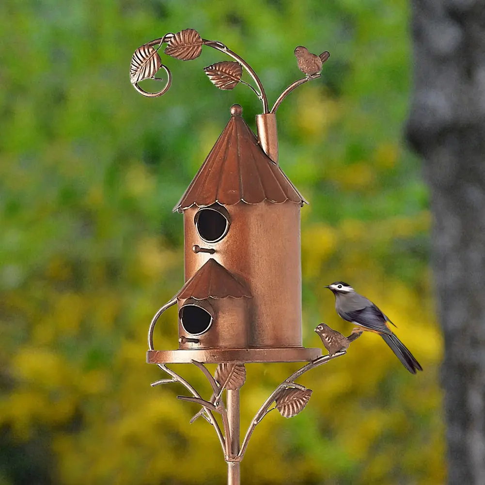 Birdhouse Garden Stakes Metal Bird House with Pole Garden Outdoor Metal Birdhouse Decoration for Garden Yard Decoration