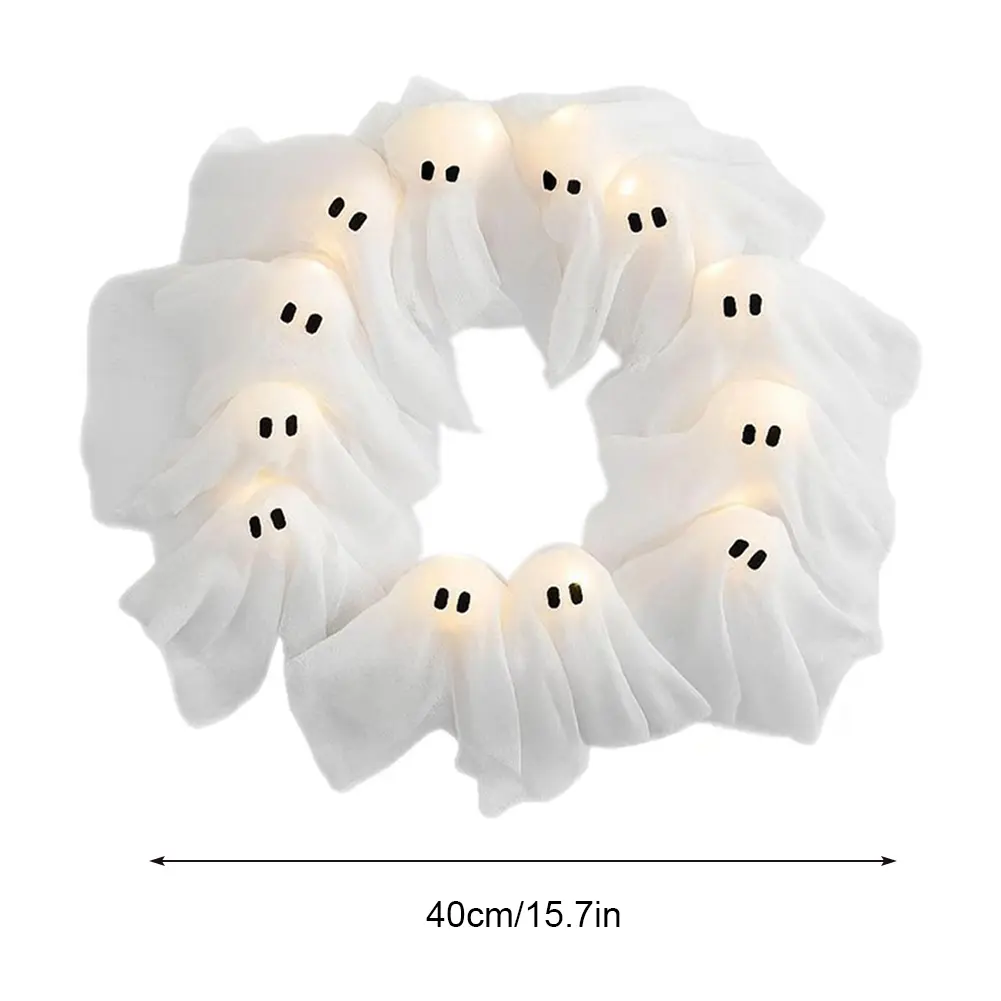 Glowing Halloween Ghost Wreath with 12LED Light-Up Halloween Spooky Light Weird Hanging Decor for Indoor Outdoor Front Door Wall