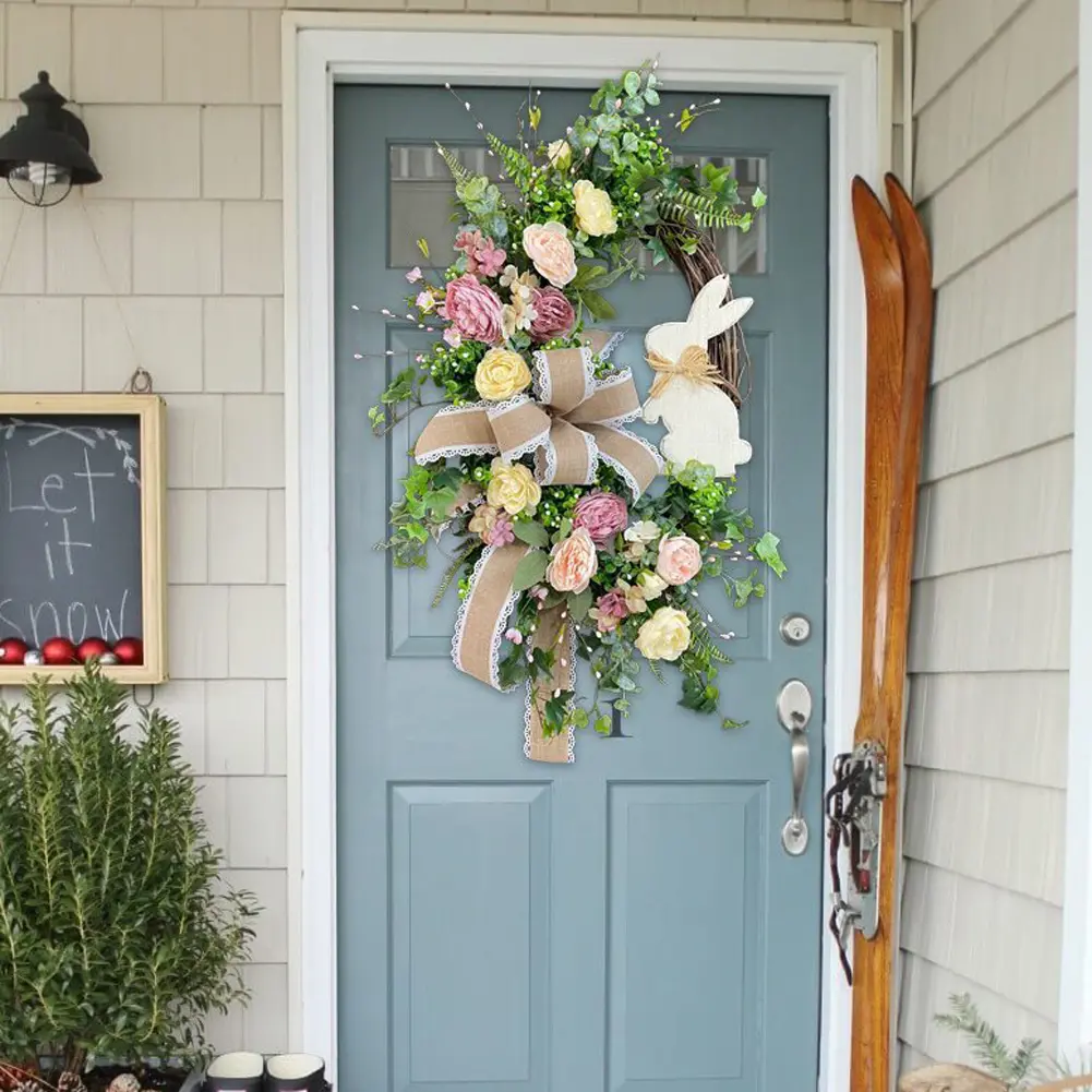 Easter Bunny Wreath Easter Wreath with Bow Spring Wreath Hanging Wreath for Home Door Garden Party Holiday Decorations