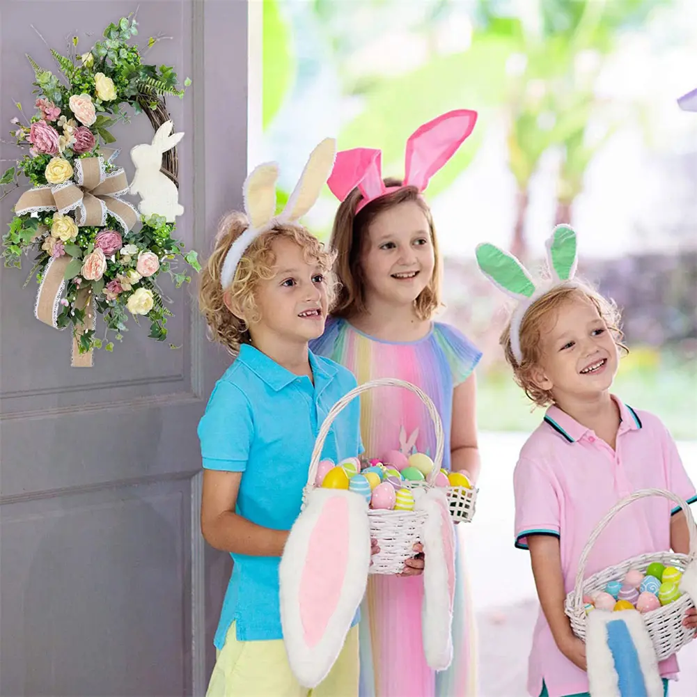 Easter Bunny Wreath Easter Wreath with Bow Spring Wreath Hanging Wreath for Home Door Garden Party Holiday Decorations