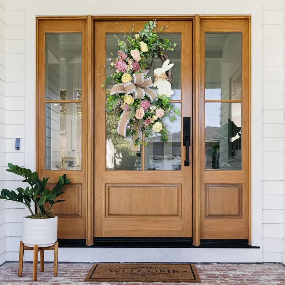 Easter Bunny Wreath Easter Wreath with Bow Spring Wreath Hanging Wreath for Home Door Garden Party Holiday Decorations
