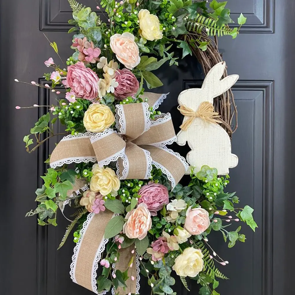 Easter Bunny Wreath Easter Wreath with Bow Spring Wreath Hanging Wreath for Home Door Garden Party Holiday Decorations