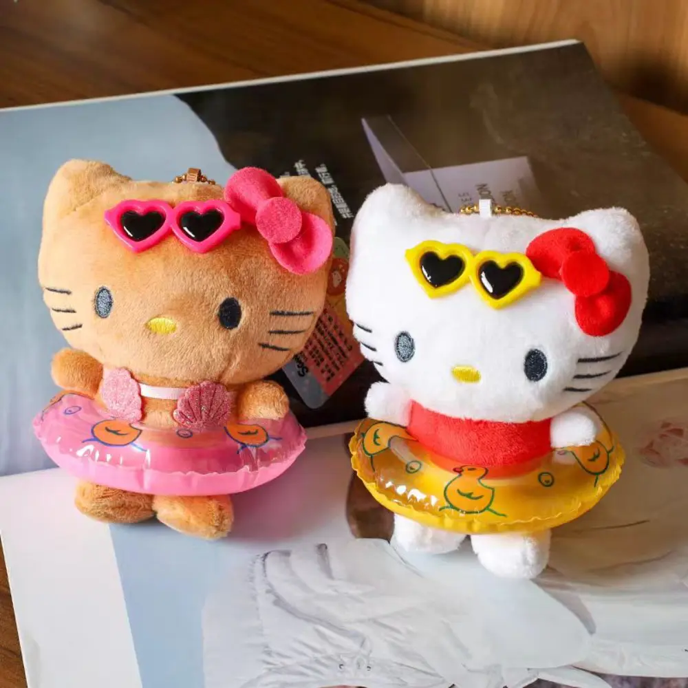 Kawayii Saniro Hello Kitty Swimming Circle Plush Doll Toy  Cartoon Kt Cat Hawaiian Style Backpack Decoration Girls Gifts