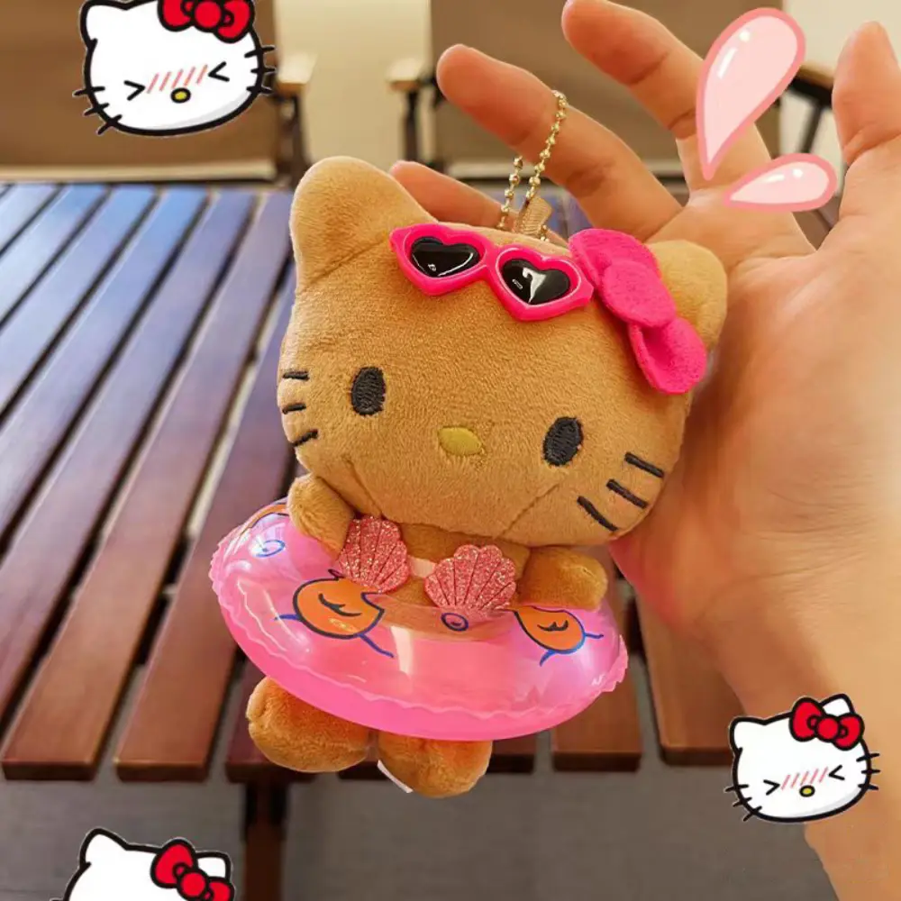 Kawayii Saniro Hello Kitty Swimming Circle Plush Doll Toy  Cartoon Kt Cat Hawaiian Style Backpack Decoration Girls Gifts