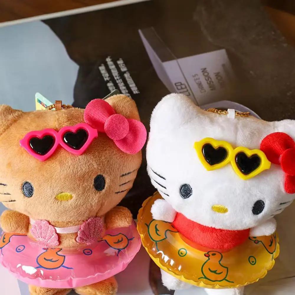 Kawayii Saniro Hello Kitty Swimming Circle Plush Doll Toy  Cartoon Kt Cat Hawaiian Style Backpack Decoration Girls Gifts
