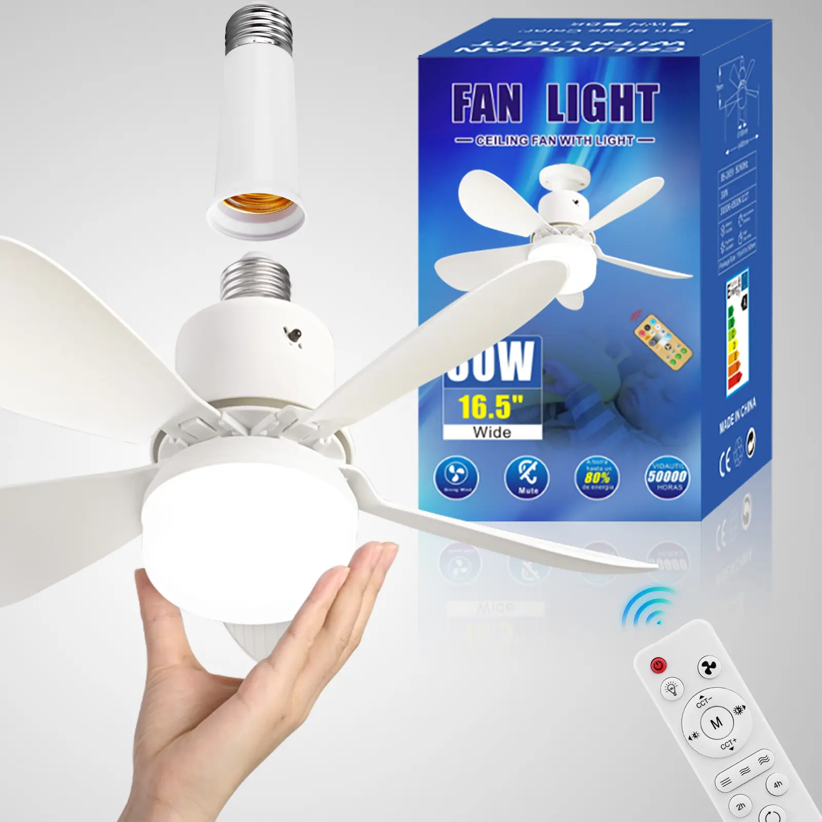 Ceiling Fan with Light Socket Ceiling Fan Remote Control LED Light Fan 3 Light Colors Socket Fan Light Low Noise for Dining Room
