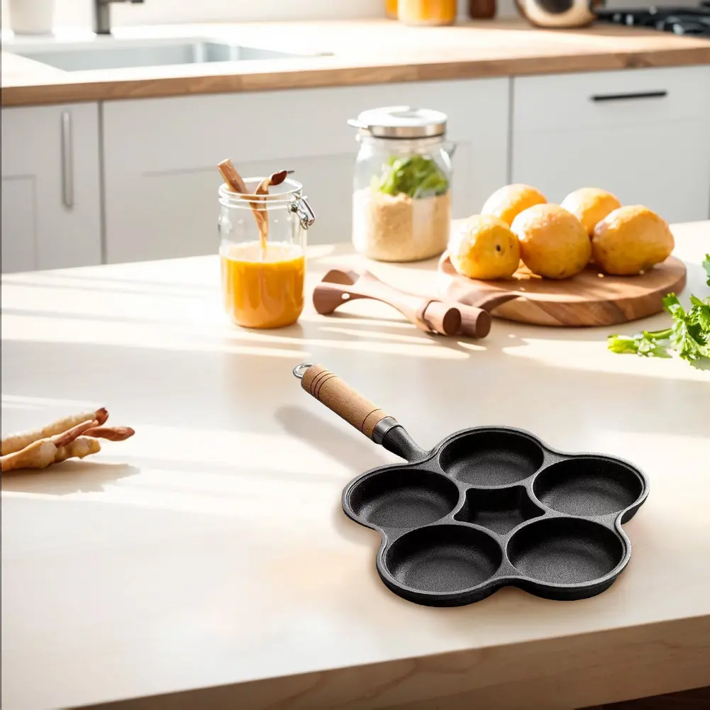5 Round Holes Cookware Pancake Pan Cast Iron Cake Maker Frying Pan Creative Breakfast Grill Cooking Pot Home Kitchen Cookware