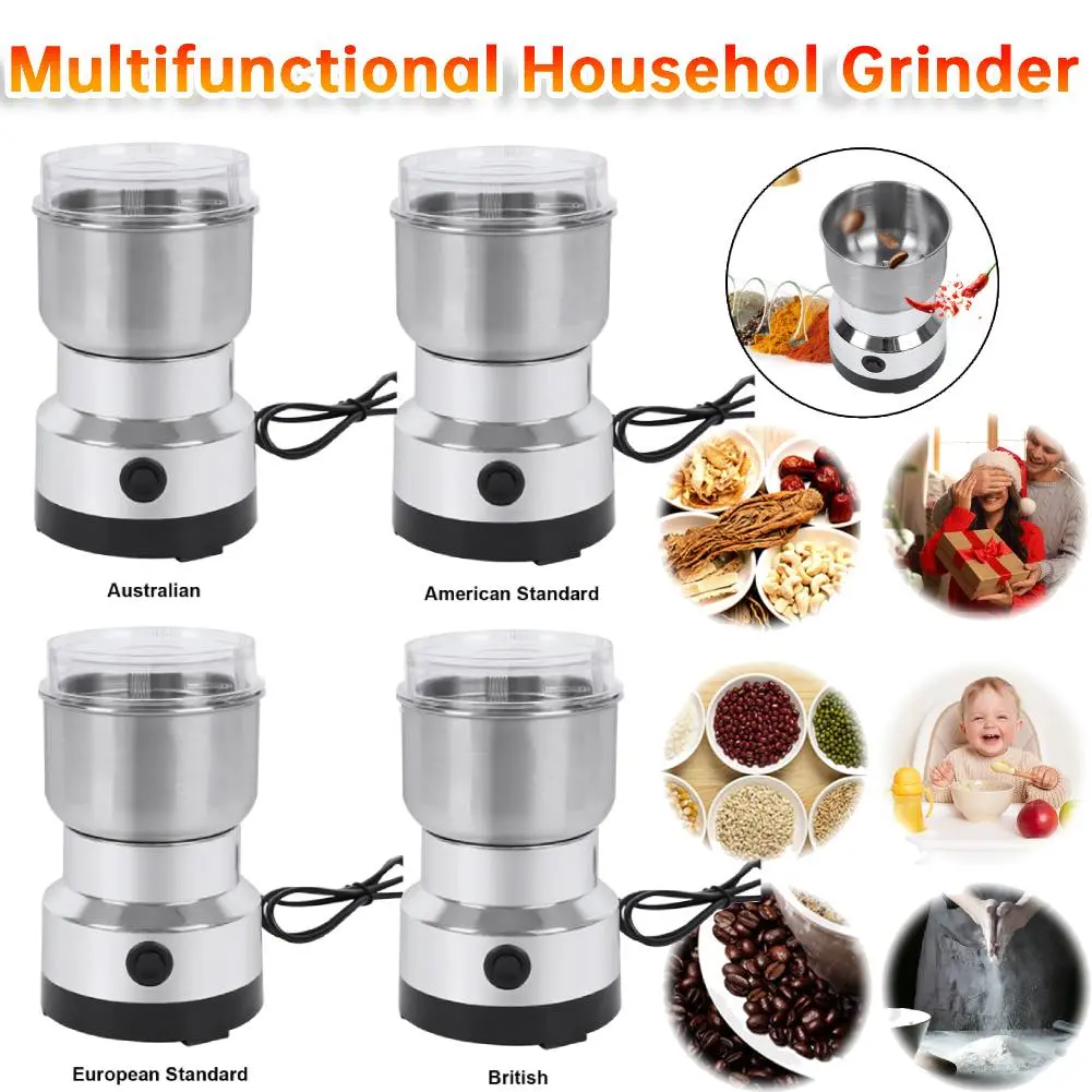 Electric Coffee Grinder Stainless Steel Spice Pepper Grinder Household Kitchen Grain Grinder Machine for Spices Seeds Rice Beans
