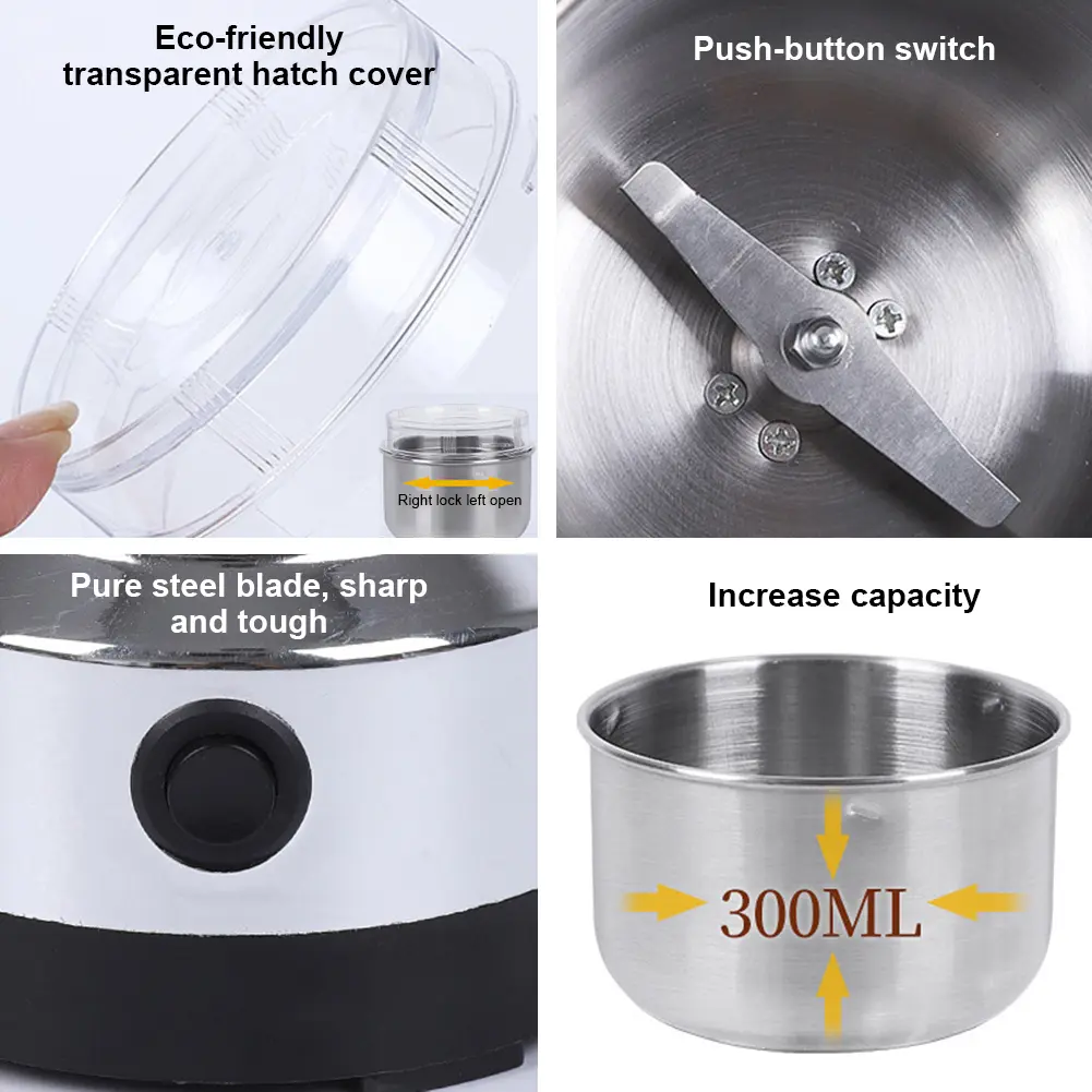 Electric Coffee Grinder Stainless Steel Spice Pepper Grinder Household Kitchen Grain Grinder Machine for Spices Seeds Rice Beans