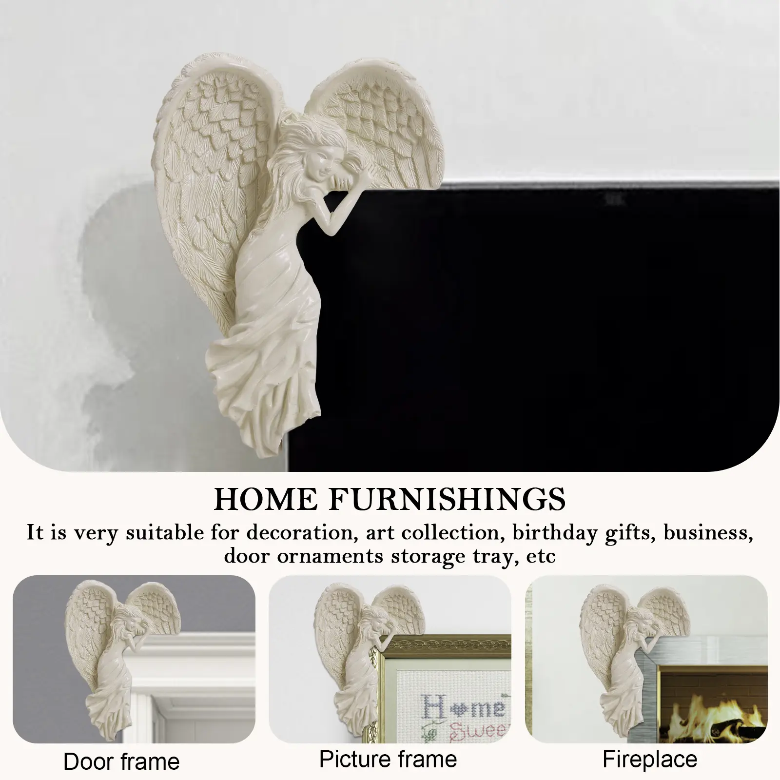Resin Angel Wing Sculpture Door Frame Ornament 3D Wall Hanging Angel Figurines Souvenirs Gift Home Decor for Garden Office Door
