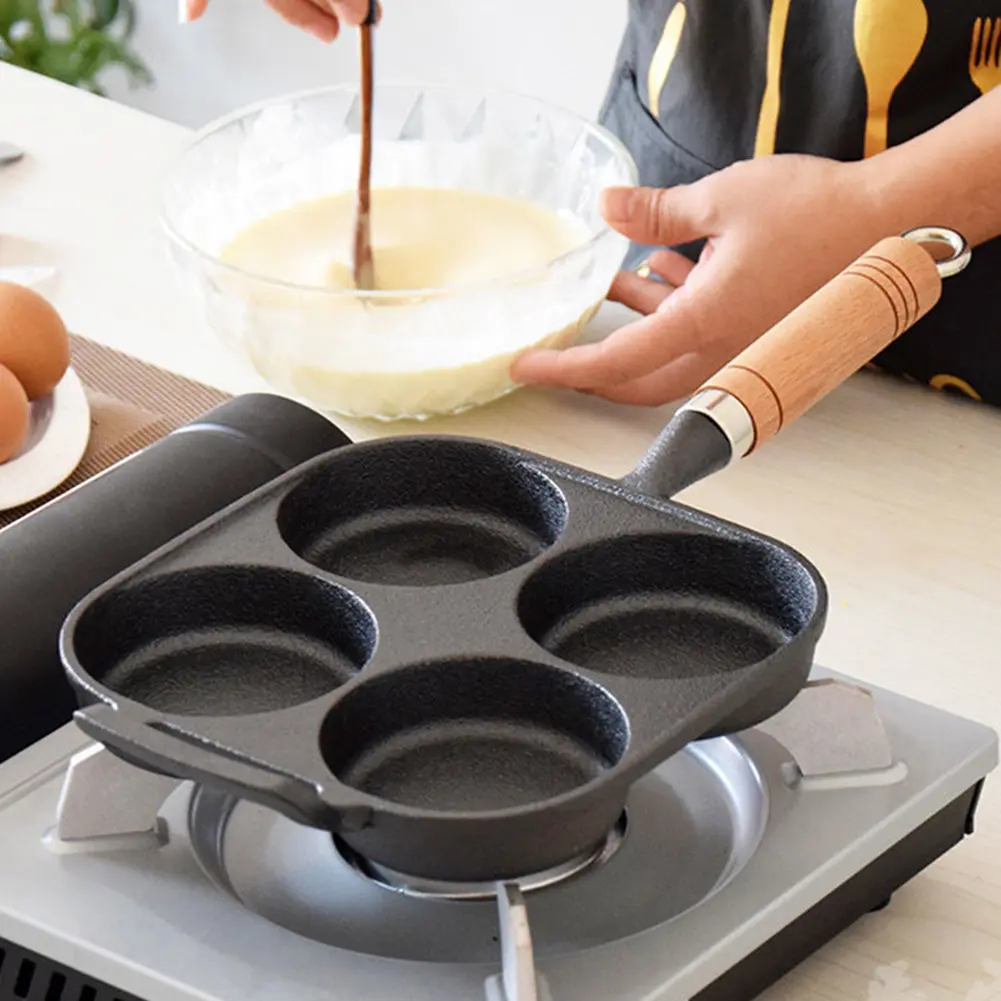 4-Cup Cast Iron Egg Frying Pan Non Stick Egg Cooker with Handle Crepe Pan Suitable for Gas Stove & Induction Cookware