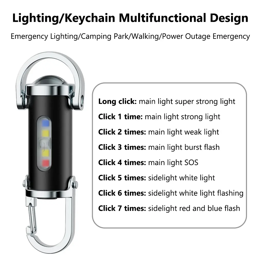 Outdoor Mini Keychain Flashlight Rechargeable Portable Work Light 7 Light Modes Small Keychain Lamp Camping Walking Pocket Light