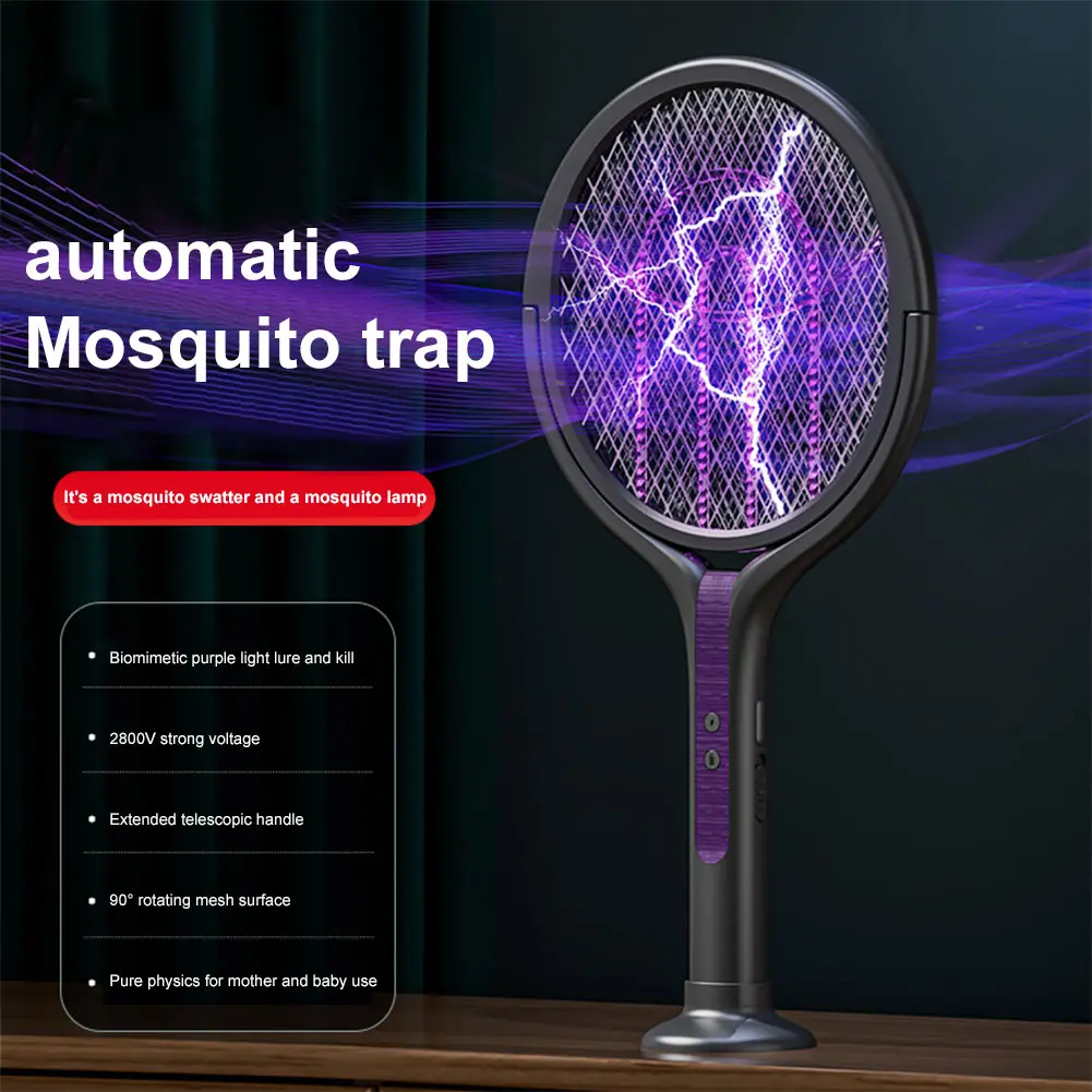 Rotating Head Electric Fly Swatter Rechargeable Mosquito Swatter Fly Killer and Mosquito Trap Lamp for Summer Bedroom Supplies