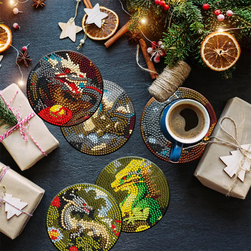 8PCS Diamond Painting Coasters Kits Anti Slip Wood Mats Wooden Diamond Painting DIY Coaster for Coffee Table Bar Mugs Glass Cup