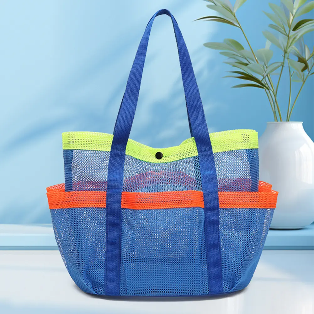 Mesh Beach Bag Sand Toy Organizer Bag Lightweight Foldable Swimming Pool Bag Waterproof Sandproof 7 Pockets for Outdoor Beach
