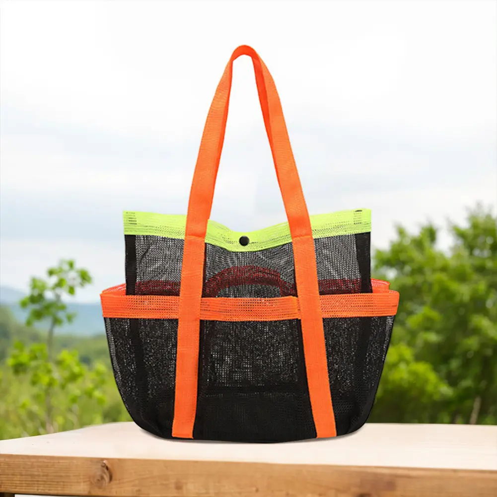 Mesh Beach Bag Sand Toy Organizer Bag Lightweight Foldable Swimming Pool Bag Waterproof Sandproof 7 Pockets for Outdoor Beach