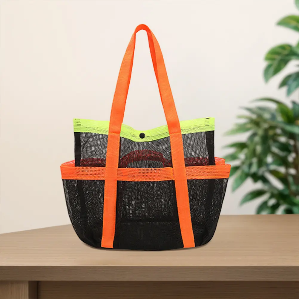 Mesh Beach Bag Sand Toy Organizer Bag Lightweight Foldable Swimming Pool Bag Waterproof Sandproof 7 Pockets for Outdoor Beach