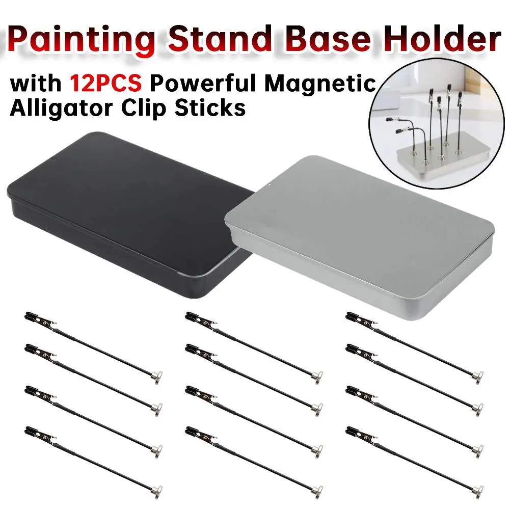 Model Painting Stand Base Holder with 12PCS Alligator Clip Sticks with Rubber Tips Stand Base for Airbrush Spray Hobby DIY Card