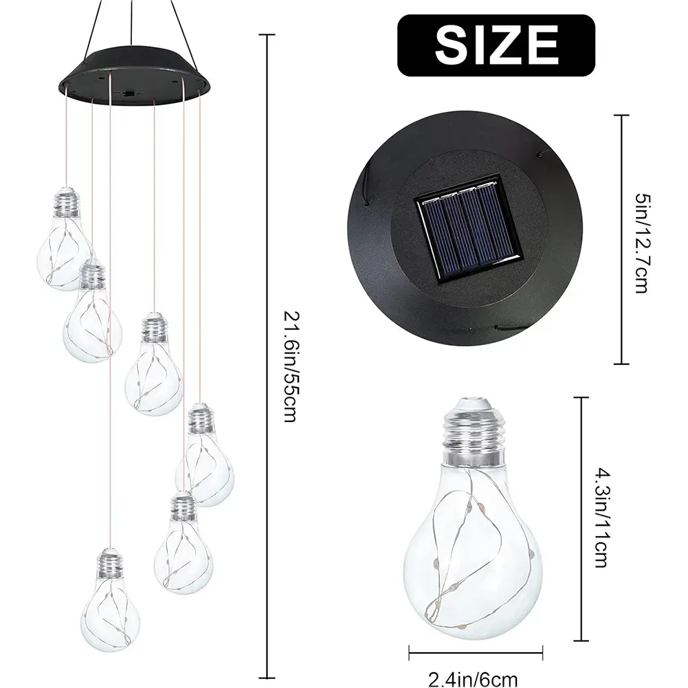 Wire Colorful Lights Bulb Solar Wind Chimes 30LED & Copper Hanging Solar Lights  for Outdoor Garden Balcony Bedroom Yard
