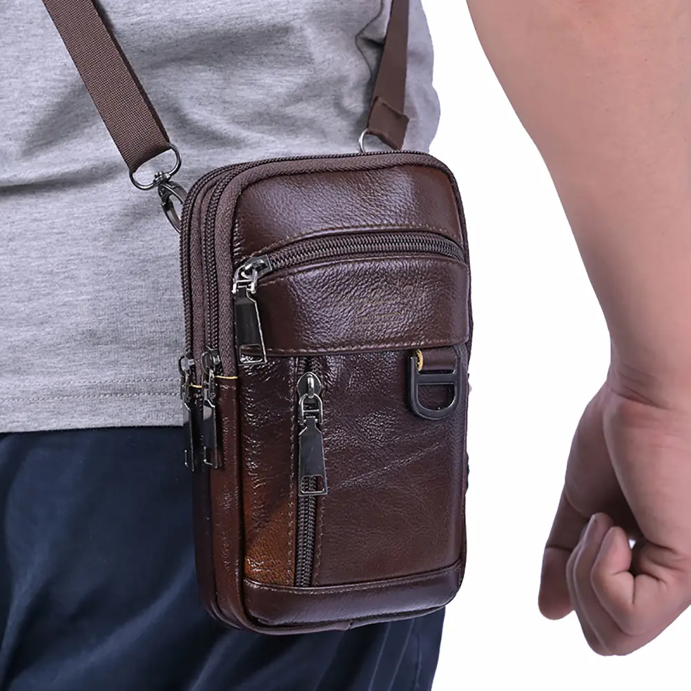 Men Simple Shoulder Bag Waterproof Leather Vintage Waist Pouch Lightweight Coin Phone Purse Male Travel Outdoor Bag