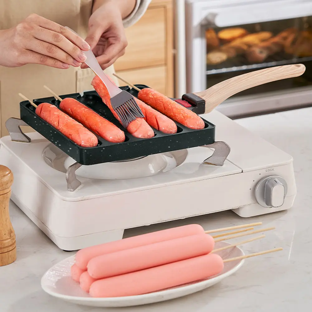 5 Grids DIY Corn Dog Maker Sausage Cooking Tool Pre-Seasoned Grilled Sausage Pot Sausage Fry Pan for Outdoor Kitchen Breakfast