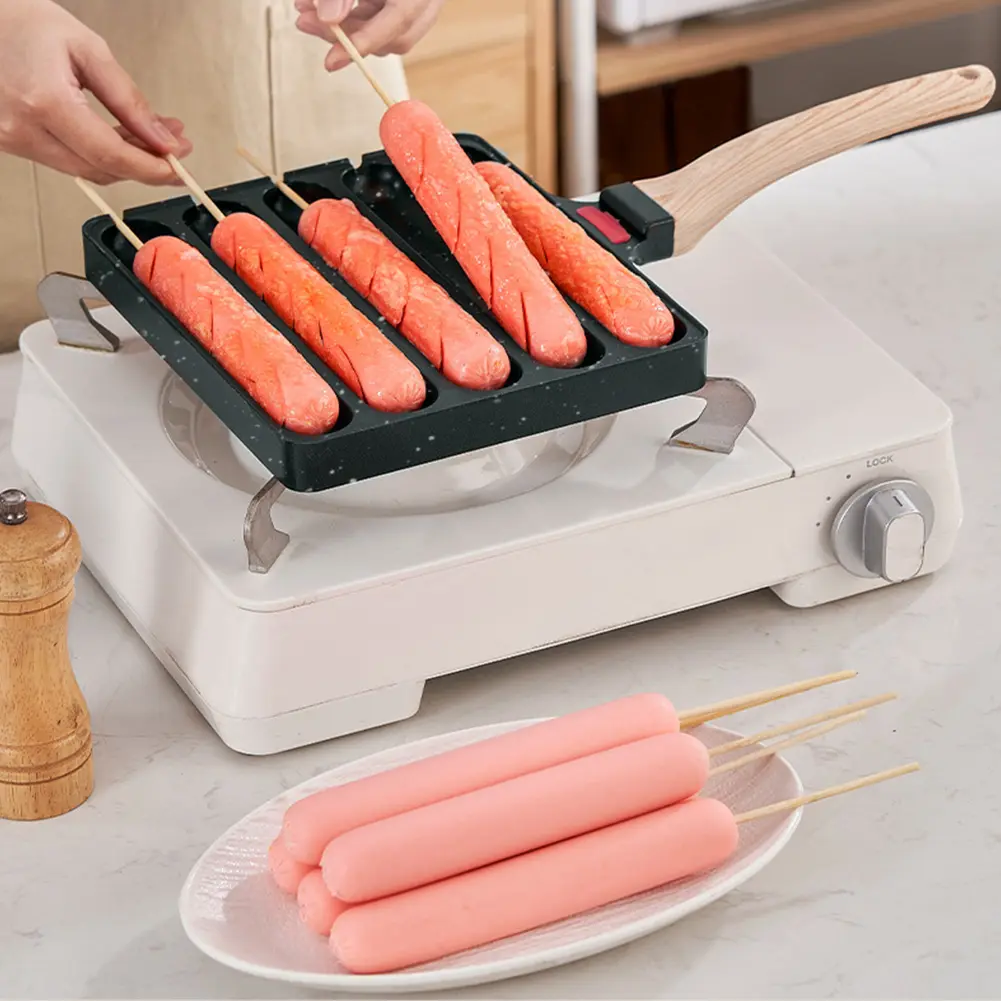 5 Grids DIY Corn Dog Maker Sausage Cooking Tool Pre-Seasoned Grilled Sausage Pot Sausage Fry Pan for Outdoor Kitchen Breakfast