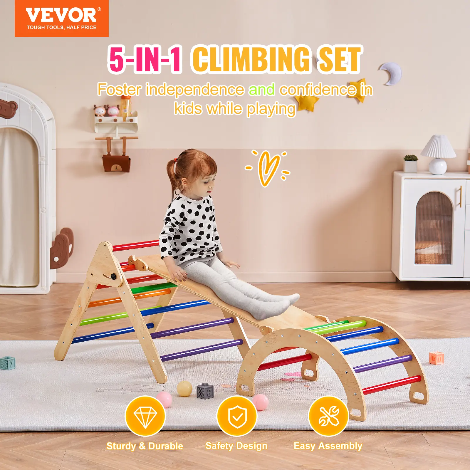 SucceBuy Pikler Triangle Set 5 in 1Toddler Climbing Toys Indoor Playground for Toddlers 1-3 Years Large Size Wooden Climbing Set