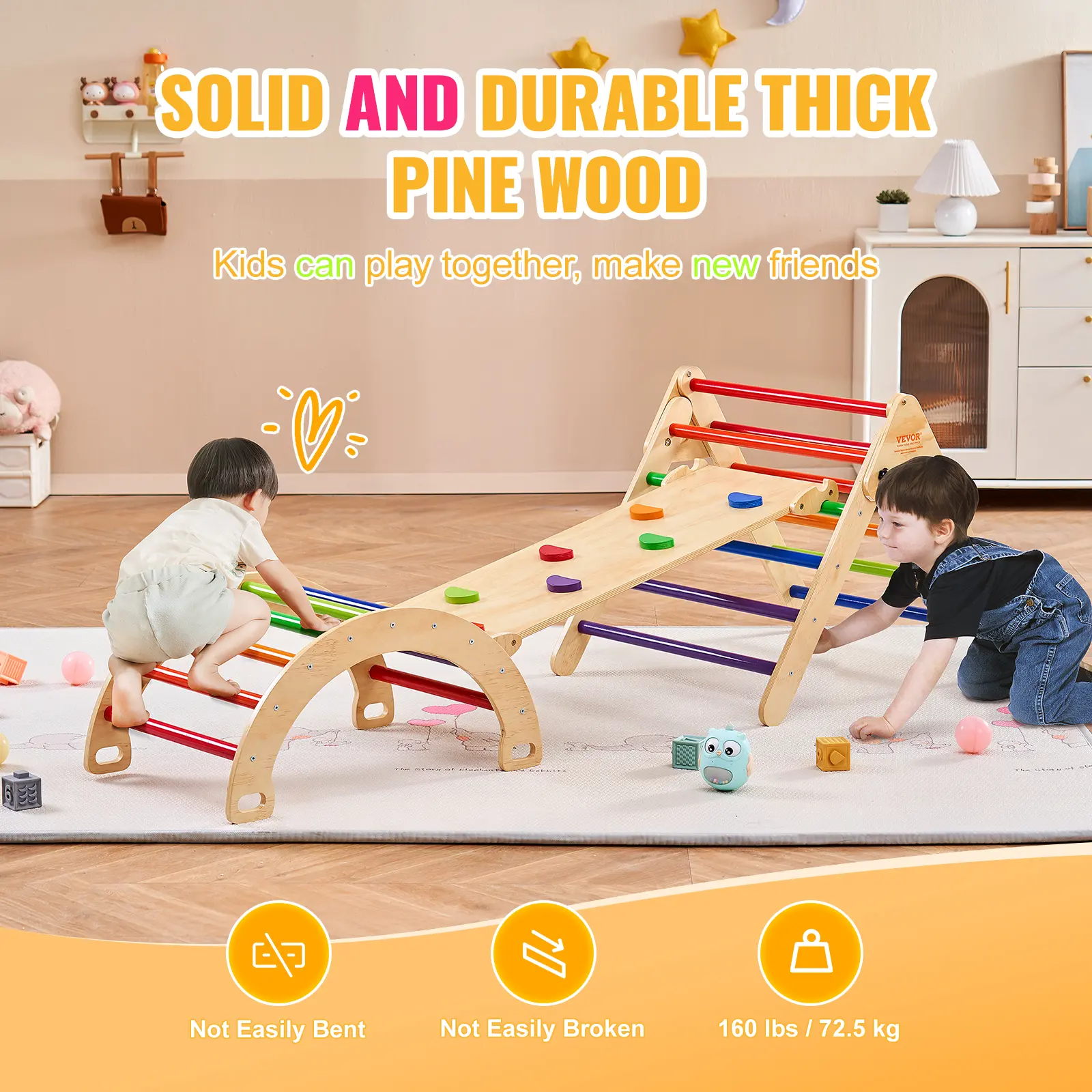 SucceBuy Pikler Triangle Set 5 in 1Toddler Climbing Toys Indoor Playground for Toddlers 1-3 Years Large Size Wooden Climbing Set
