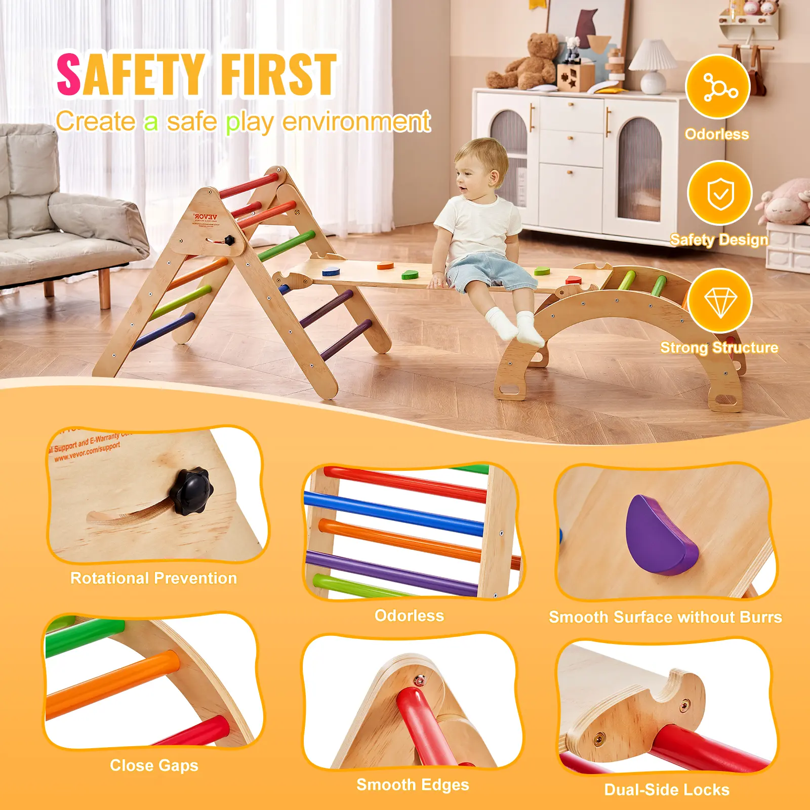SucceBuy Pikler Triangle Set 5 in 1Toddler Climbing Toys Indoor Playground for Toddlers 1-3 Years Large Size Wooden Climbing Set
