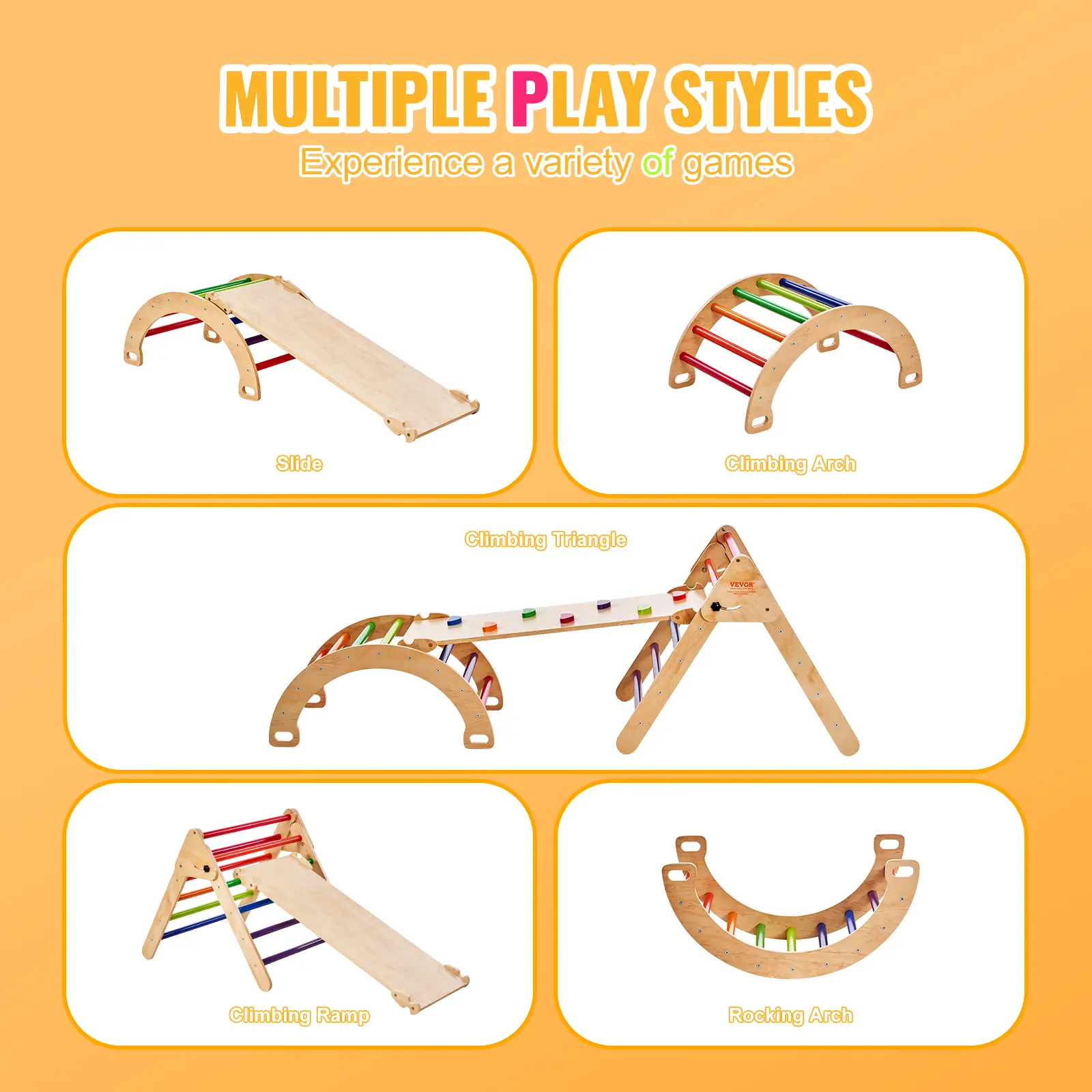 SucceBuy Pikler Triangle Set 5 in 1Toddler Climbing Toys Indoor Playground for Toddlers 1-3 Years Large Size Wooden Climbing Set