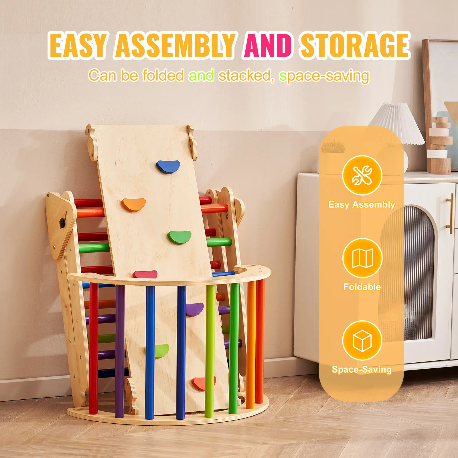 SucceBuy Pikler Triangle Set 5 in 1Toddler Climbing Toys Indoor Playground for Toddlers 1-3 Years Large Size Wooden Climbing Set