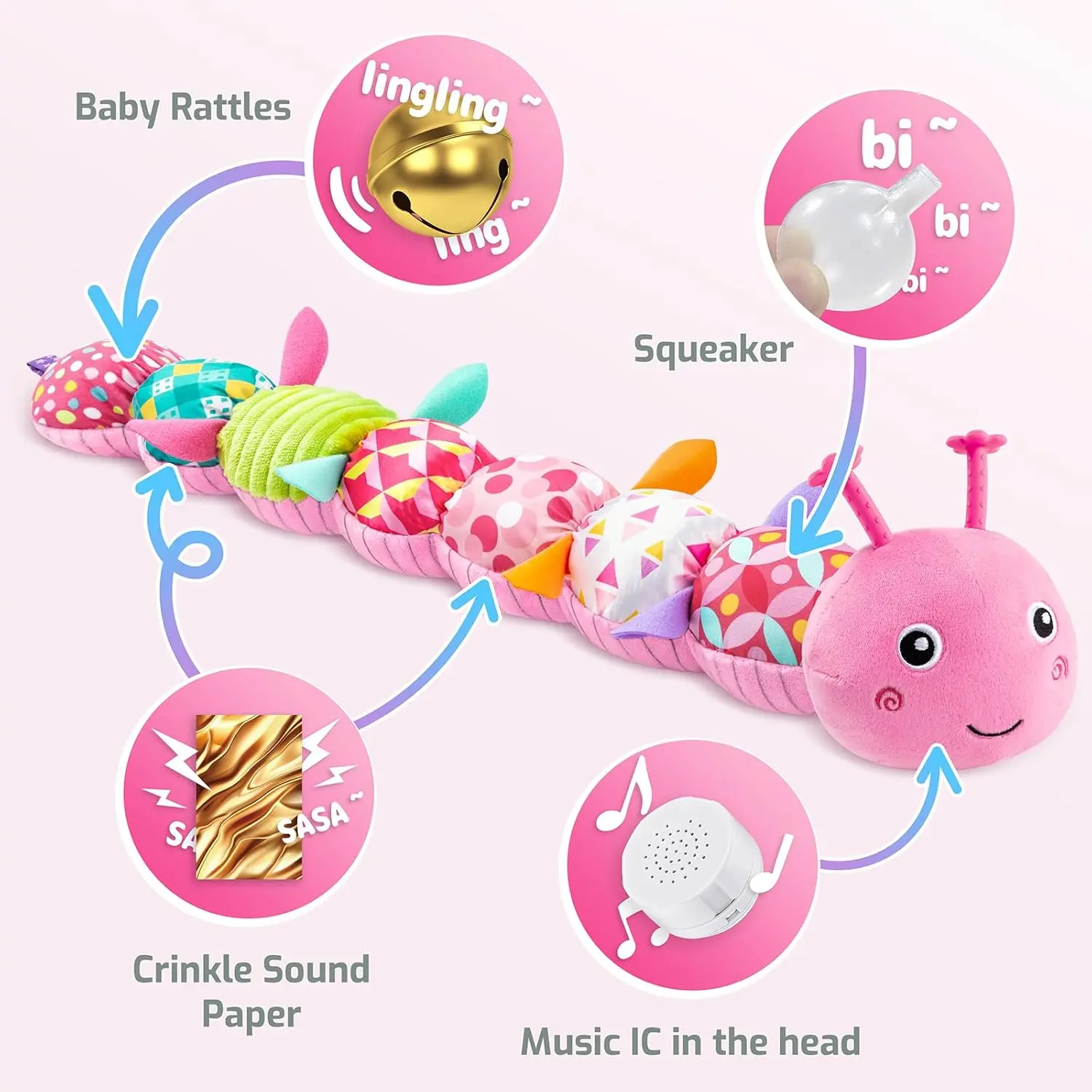 Baby Rattle Musical Caterpillar Soft Toy Colorful Worm Infant Plush Animals Educational Interactive Toy for Newborn Toddler Gift