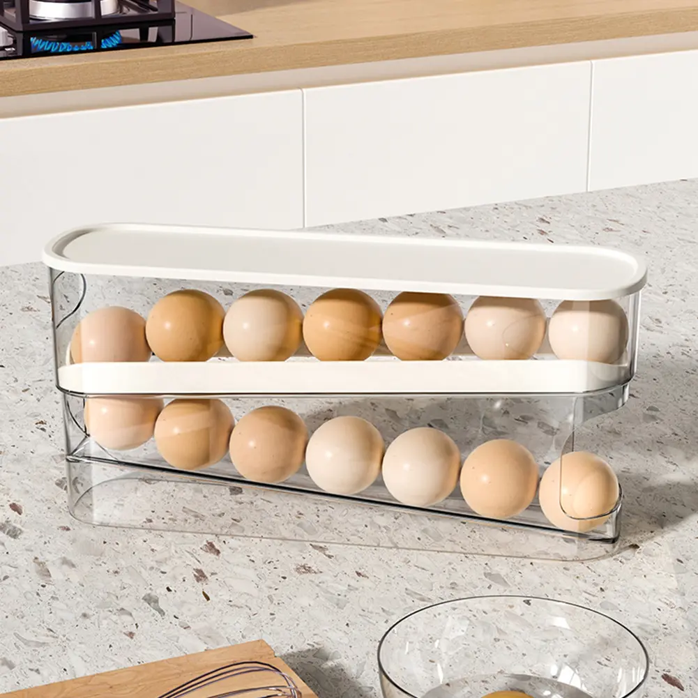 Automatic Scrolling Egg Holder with Lid Fridge Egg Dispenser Double Rows Refrigerator Rolling Egg Holder for Fridge Refrigerator